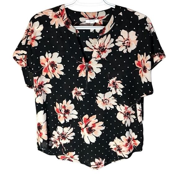 Maurices blouse top size Medium sleeve black Floral polka dot zip - Picture 1 of 3